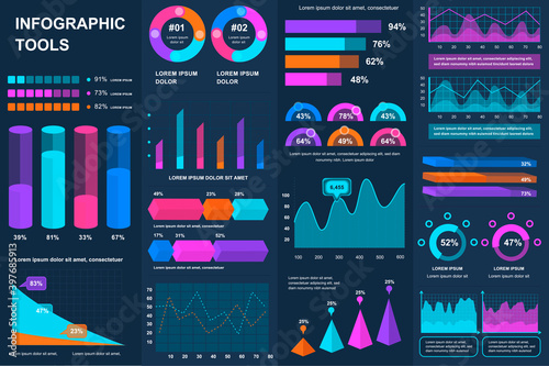 Bundle infographic UI, UX, KIT elements. Different charts, diagrams, workflow, flowchart, timeline, schemes, marketing icons, graphs and bars design template. Vector info graphic and infographics set.