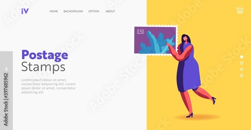 Woman Engage in Philately Stamps Hobby Landing Page Template. Tiny Philatelist Character Carry Huge Postmark in Hands