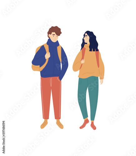 Young caucasian man and woman with backpacks are travelling together. Concept of happy couple travelling, hitchhiking, going on advantures. Flat cartoon vector illustration