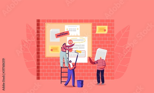 Billposters Sticking Paper Advertisement on Bulletin Board. Tiny Characters Posting Flyers on Board for Announcements