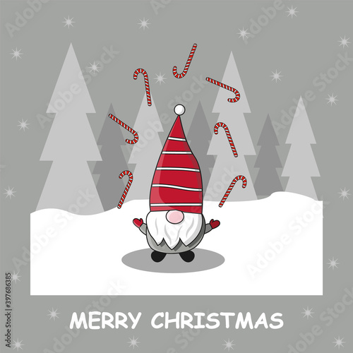 Santa claus elf juggles playing lollipops with new Year candies in the forest against the background of snow, the starry sky and trees vector illustration new year christmas card