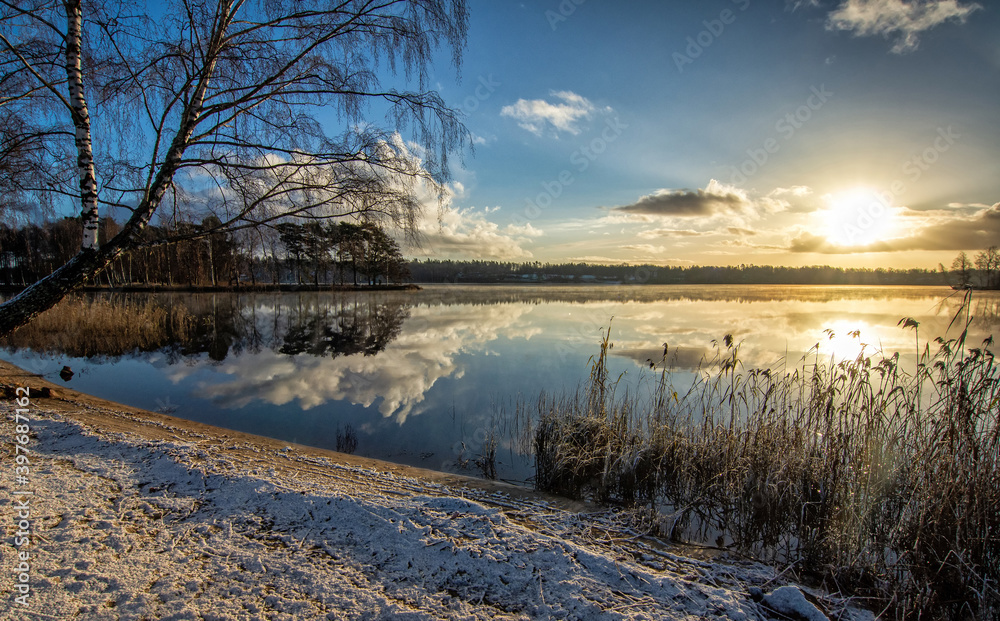 Morning swedish lake in december scenery