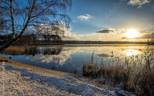 Morning swedish lake in december scenery