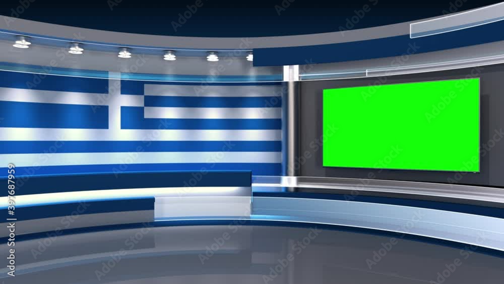TV studio. Greece flag studio. Greece flag background. News studio. The perfect backdrop for any green screen or chroma key video or photo production. 3d render. 3d