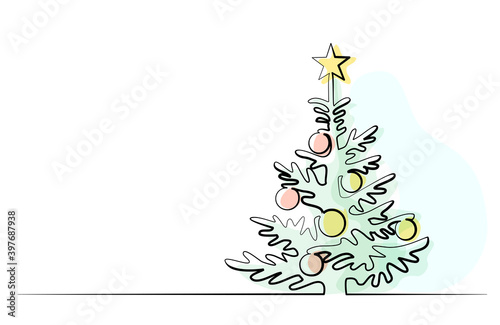 Christmas pine fir tree. Continuous one line drawing.