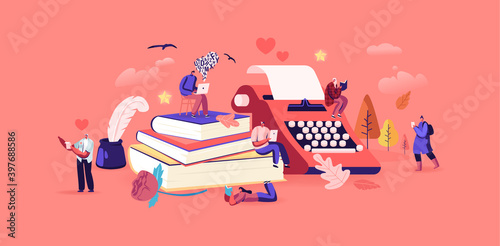 People Enjoying Reading Literature or Writing Poetry or Prose Concept. Tiny Characters at Huge Books Read Classic Verses