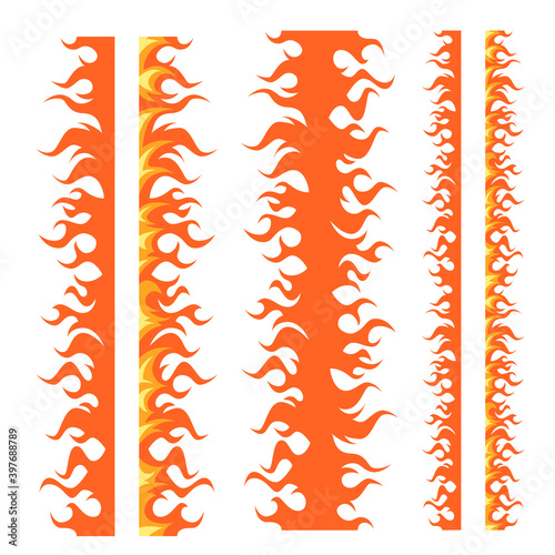 Flame borders in cartoon style, vector set