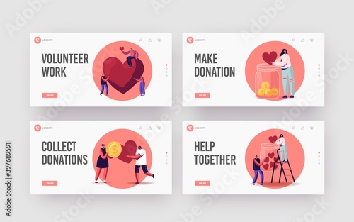 Volunteering, Charity Support Landing Page Template Set. Tiny Volunteer Characters Collecting Hearts in Donation Jar
