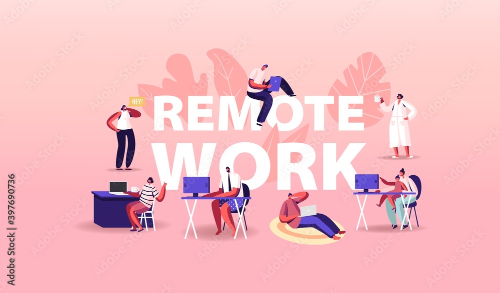 Remote Work Concept. Relaxed Men or Women Freelancer Characters Working Distant on Laptop and Pc from Home