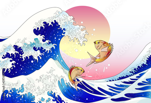 年賀イラスト素材＿鯛と波と日の出_02