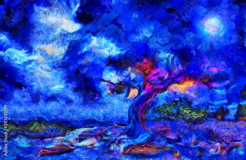 Surreal painting. Old tree  full moon and mystic clouds in the sky. 3D rendering