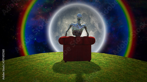 Surreal composition. Rusted alien sits in red armchair and observer bright moon in vivid universe. 3D rendering