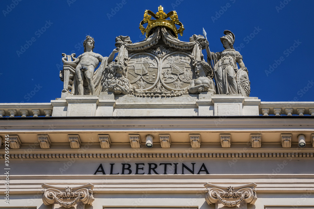 Detail of Building facade of Albertina Museum. One of last remaining fortifications of Augustinian Bastion of Vienna, Albertina Museum established in 1805. Vienna, Austria.