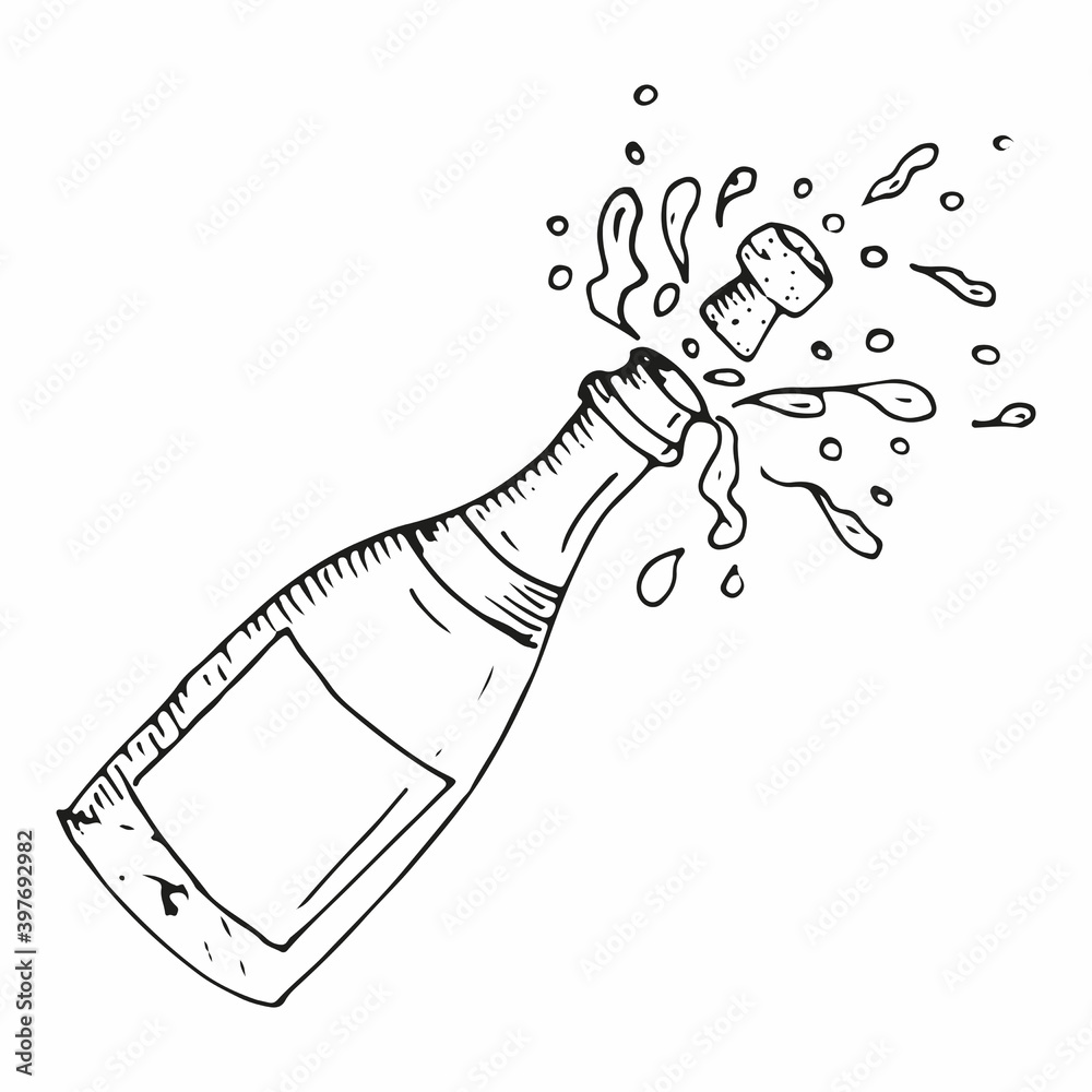 The glass bottle of champagne is opening with splashes. The cork is