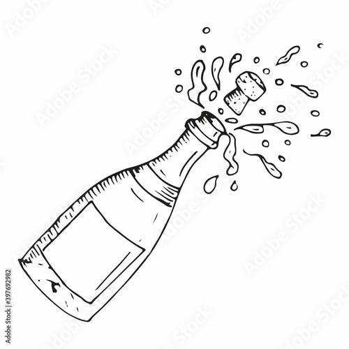 The glass bottle of champagne is opening with splashes. The cork is flying. Vector hand drawn sketch illustration in doodle outline. HAppy new year, merry christmas, holiday celebrating, wish, design.