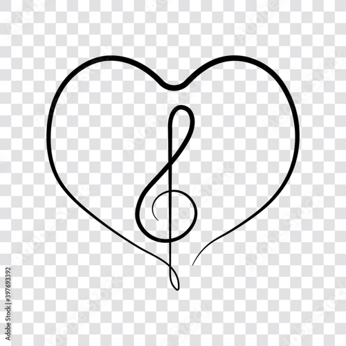 Music note, treble clef, half of the heart, vector illustration.