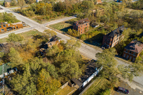 Aerial View of Crumbling Gary Indiana  Post industrial Collapse of Downtown Gary  Indiana. 