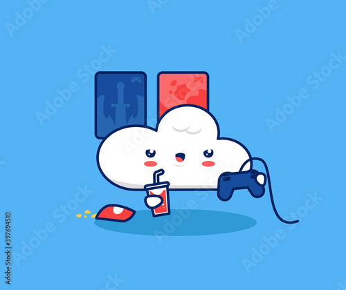 Cute cloud play video games console illustration. Internet cloud gaming game streaming platform technology for gamer concept