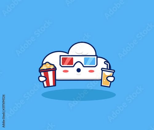 Cute cloud movie lover watching movie with 3d glasses, popcorn, and drink in cinema illustration. Internet cloud movie streaming platform technology for moviegoers concept