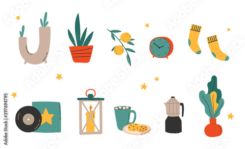Hygge decor things. Winter holiday decor set. Candle, socks, coffee and xmas home symbols, cartoon vector illustration. Doodle cozy things in scandinavian style. Vector illustration in flat style.