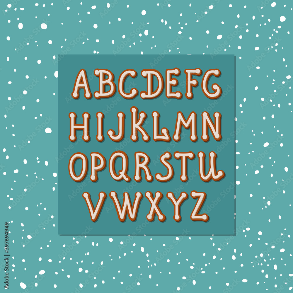 Festive winter English alphabet. Delicious baked gingerbread with white icing. Isolated vector objects. New year and Christmas decor in doodle style. Festive winter English alphabet. Delicious baked gingerbread with white icing. Isolated vector objects. New year and Christmas decor in doodle style.