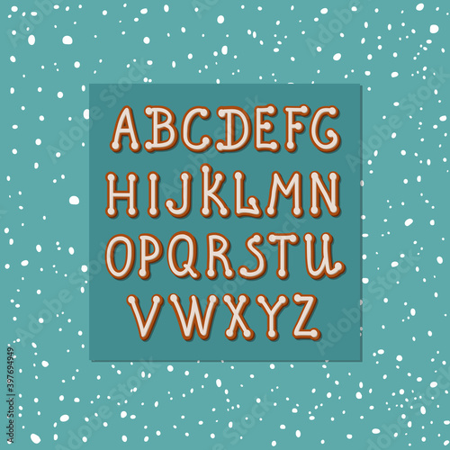 Festive winter English alphabet. Delicious baked gingerbread with white icing. Isolated vector objects. New year and Christmas decor  in doodle style.