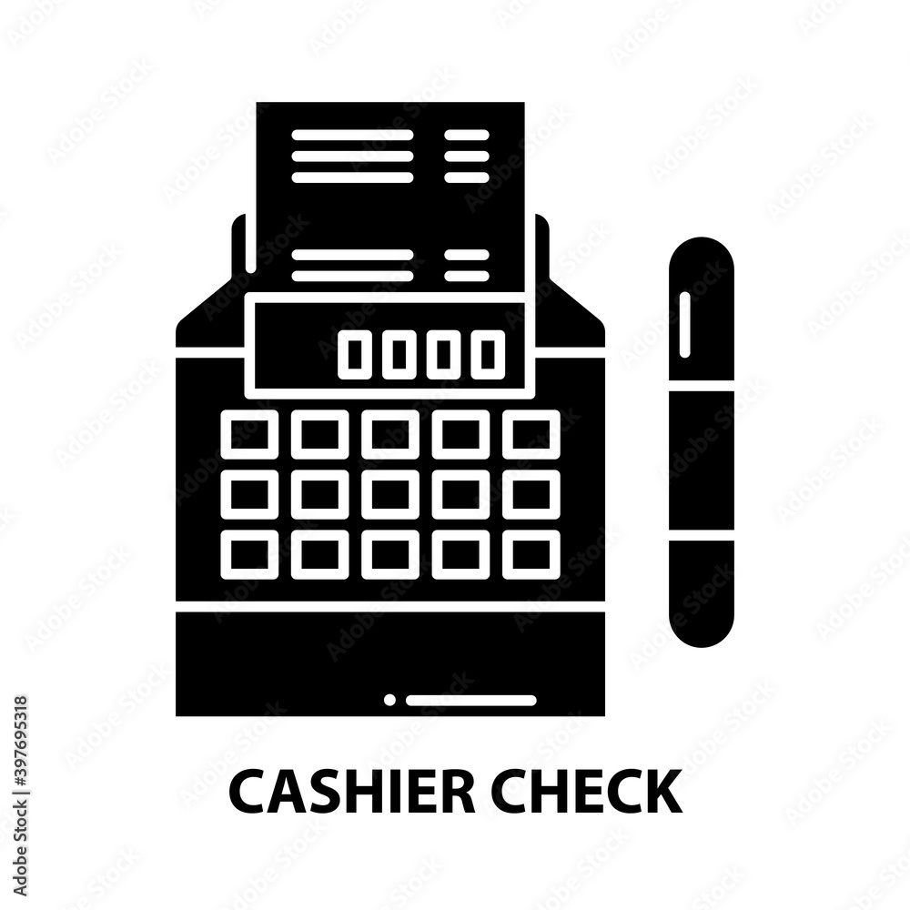 cashier check icon, black vector sign with editable strokes, concept illustration cashier check icon, black vector sign with editable strokes, concept illustration