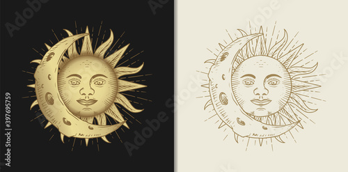Sun and moon face luxury gold hand drawn engraving style vector illustration.
