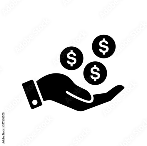 earning icon vector illustration,  earning concept symbols with right hand and dollar's coins above.