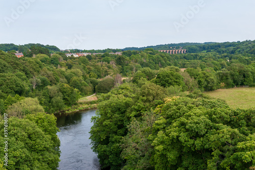 Traphont Cefn Mawr Rail Viaduct across the River Dee in the Vale of Llangollen in northeast Wales. As seen from the Pontcysyllte Aqueduct. Built in 1848. Great Britain.
