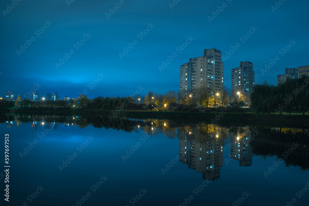 Night city landscap, panorama, overcast