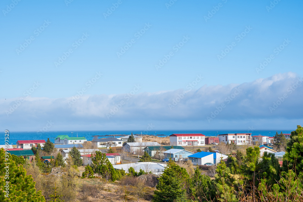 View over village of Breiddalsvik in east Iceland