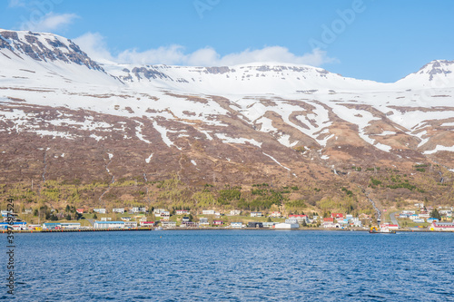 fjord view of town of Eskifjordur in east Iceland