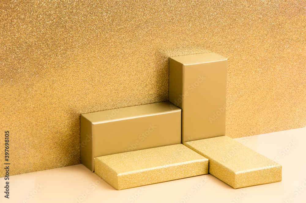 Abstract golden background with podium for product presentation on beige paper and glitter gold background. Festive holiday design or mock up for package placement, promotion sale, cosmetic display Abstract golden background with podium for product presentation on beige paper and glitter gold background. Festive holiday design or mock up for package placement, promotion sale, cosmetic display