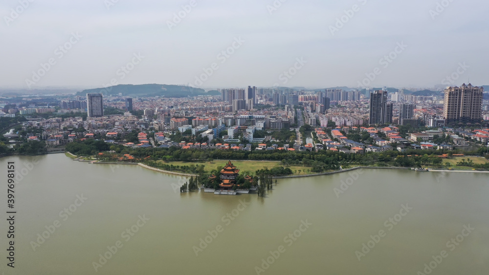 top view of the lake in the Park. Mountain Shunfengshan Park, Foshan City, China top view of the lake in the Park. Mountain Shunfengshan Park, Foshan City, China