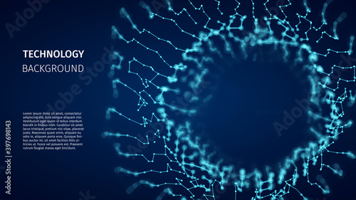 Particles structure backdrop for research article. HUD elements. Blockchain, artificial intelligence, big data technology. Data base, hybrid energy and binary code. Vector illustration