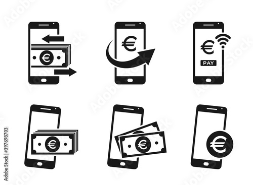 mobile money icon set. smartphone and euro sign. mobile payment and money transfer symbols