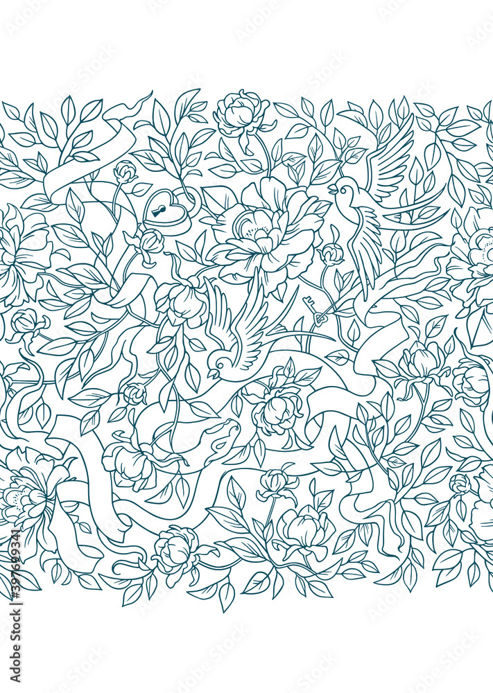 Seamless pattern, floral border. Floral seamless pattern. Birds, flowers, ribbons and snakes. Holiday invitation templates, packaging, perfume, gifts. Identity and Packaging design.