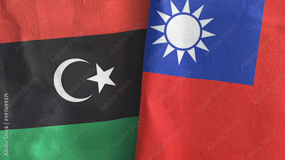 Taiwan and Libya two flags textile cloth 3D rendering