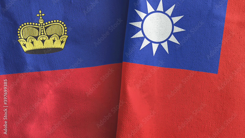 Taiwan and Liechtenstein two flags textile cloth 3D rendering