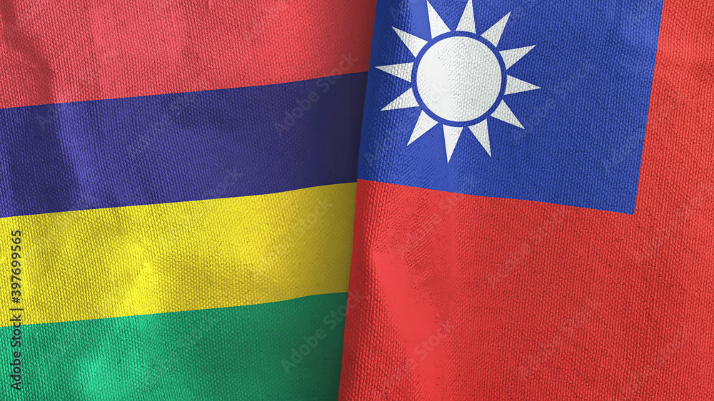 Taiwan and Mauritius two flags textile cloth 3D rendering