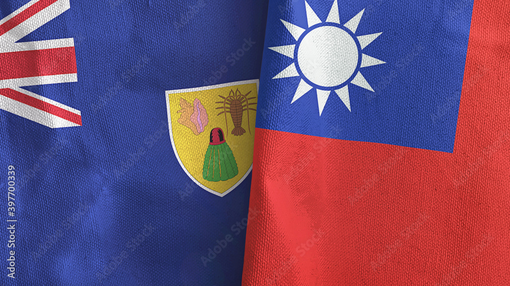Taiwan and Turks and Caicos Islands two flags textile cloth 3D rendering