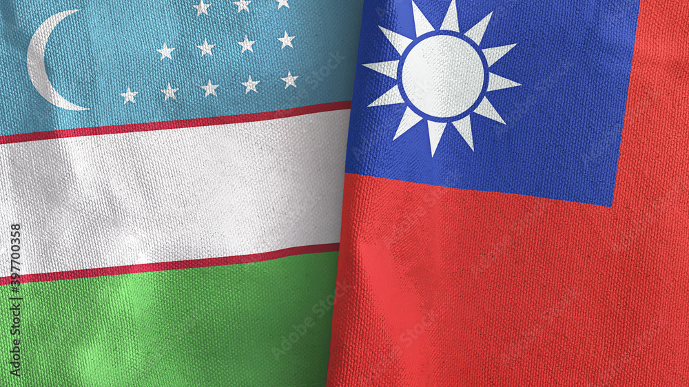 Taiwan and Uzbekistan two flags textile cloth 3D rendering