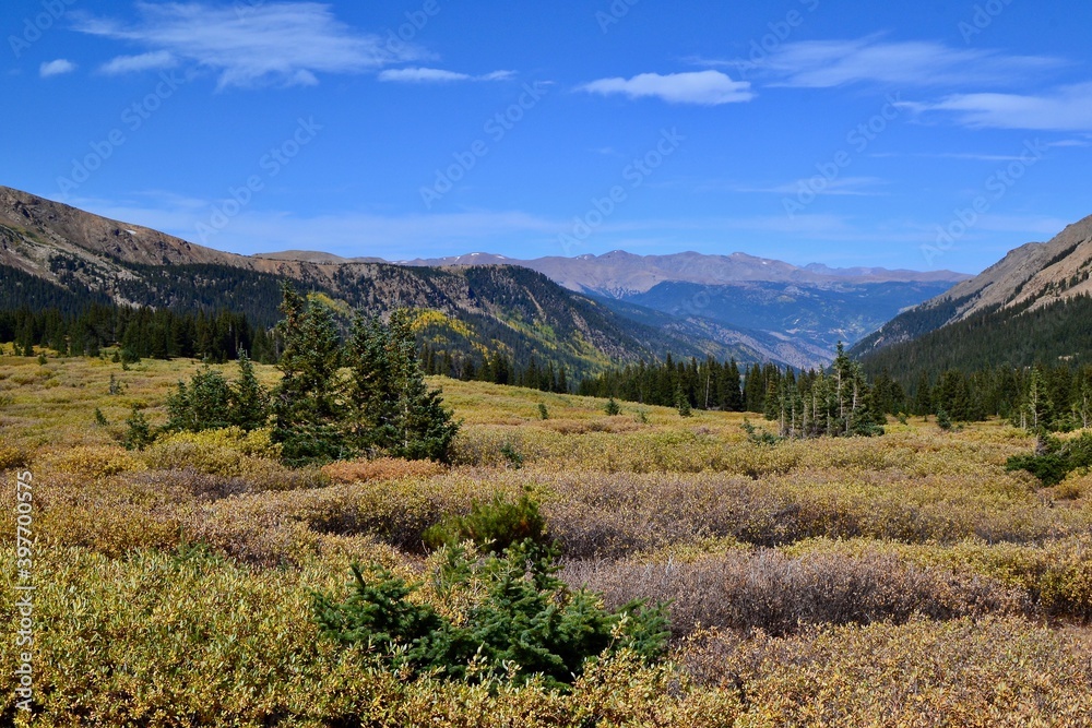 Scenic fall view from Guanella Pass, Colorado trailhead. A scenic byway with spectacular views, fall colors and blue sky over a mountainous valley. A Denver area hiking, fall color viewing destination