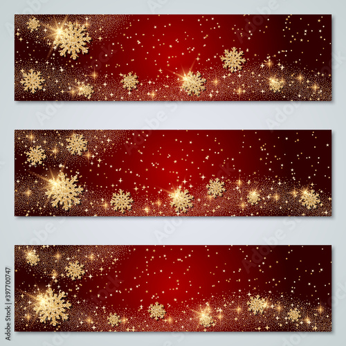 Christmas and New Year vector banner templates collection. Red vector background with stars, glitter effect and snowflakes
