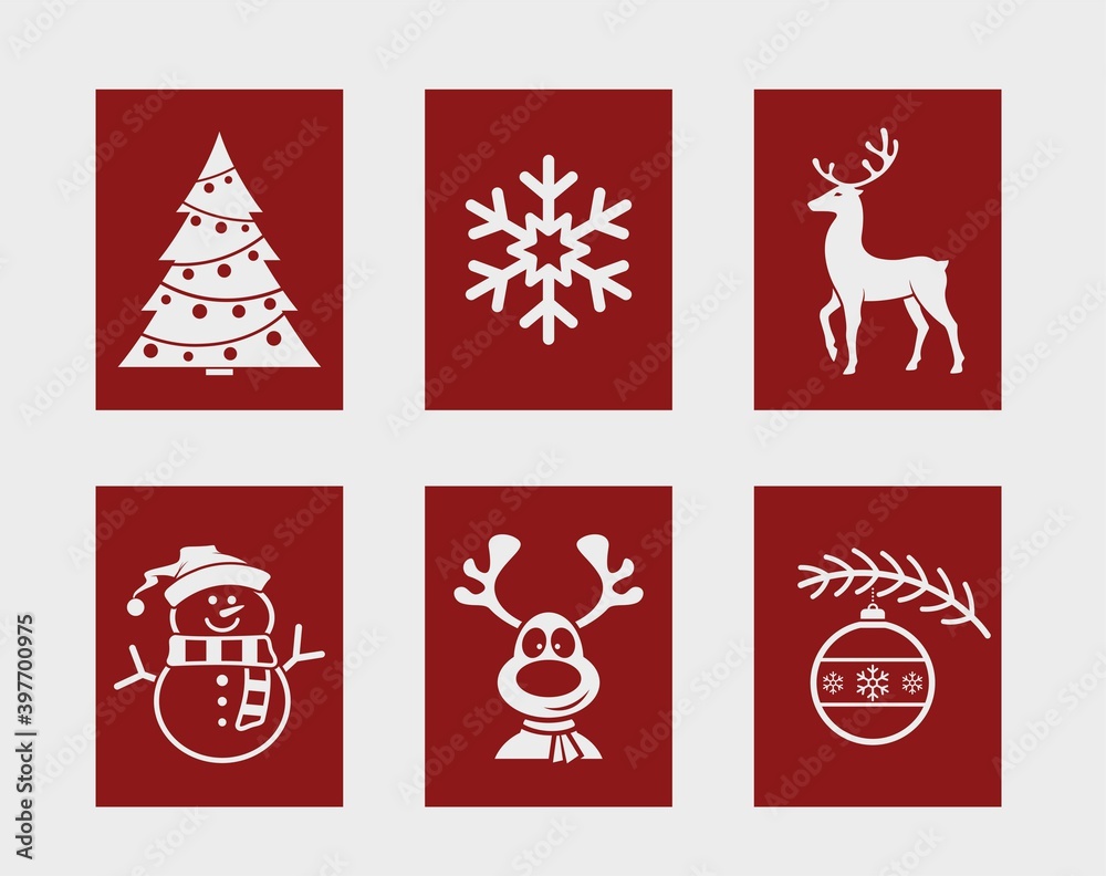 Christmas and New Year symbols. christmas tree and deer, snowman, and snowflake. vector color image