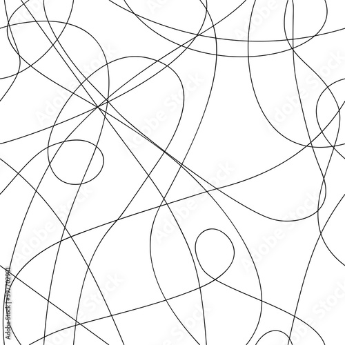 Threads. Seamless pattern with black continuous lines on a white isolated background. Abstract minimalistic print. Great for fabric, wallpaper, textile, wrapping.