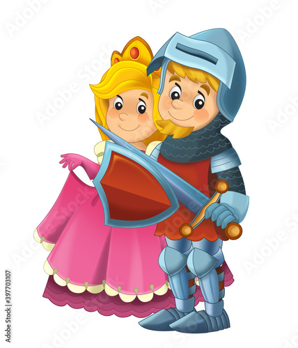 cartoon scene with knight prince and princess together on white background - illustration