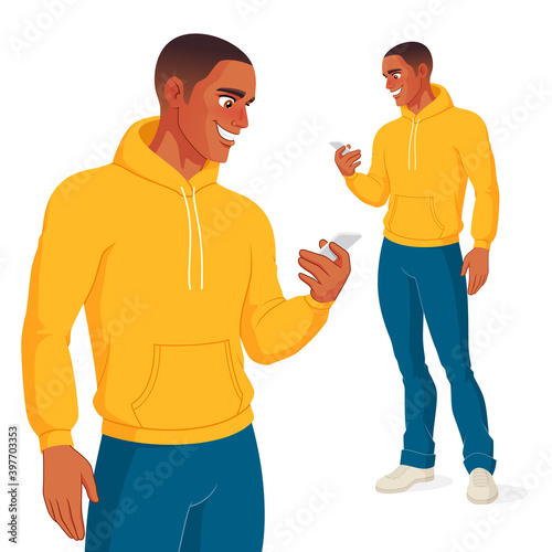Black man checking his phone. Isolated vector illustration.