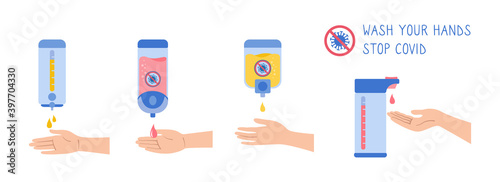 Proper hands washing, sanitizer wall, preventive maintenance bacteria cartoon set. Hand washing, disinfection, sanitary hygiene infographic. Antiseptic gel collection. Healthcare vector illustration